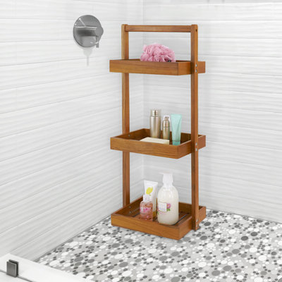 Teak Shower Caddy Corner, 3 Tier Standing Shower Organizer Shelf With Handle, Wood Bathroom Stand Up Caddy Basket