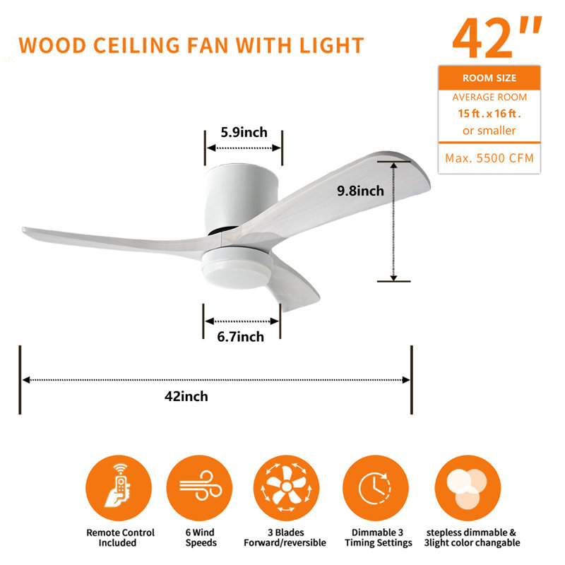 42" Solid Wood Ceiling Fan With Light-Flush Mount, Dc Motor ( Pale White Washed Walnut), Antique White, Antique White