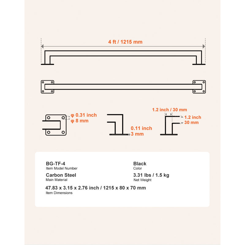 Tube carré carré en fer noir capacité de charge de 3 pi avec capacité de charge de 250 lb, H 2,76 po x l 47,83 po x P 3,15 po