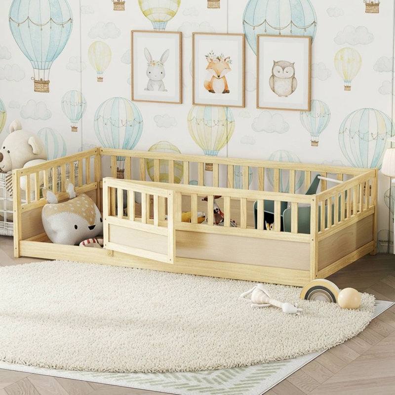 Twin Size Montessori Wooden Floor Bed With High Security Barrier And Door, Natural Wood, Ideal For Children's Safety And Comfort.