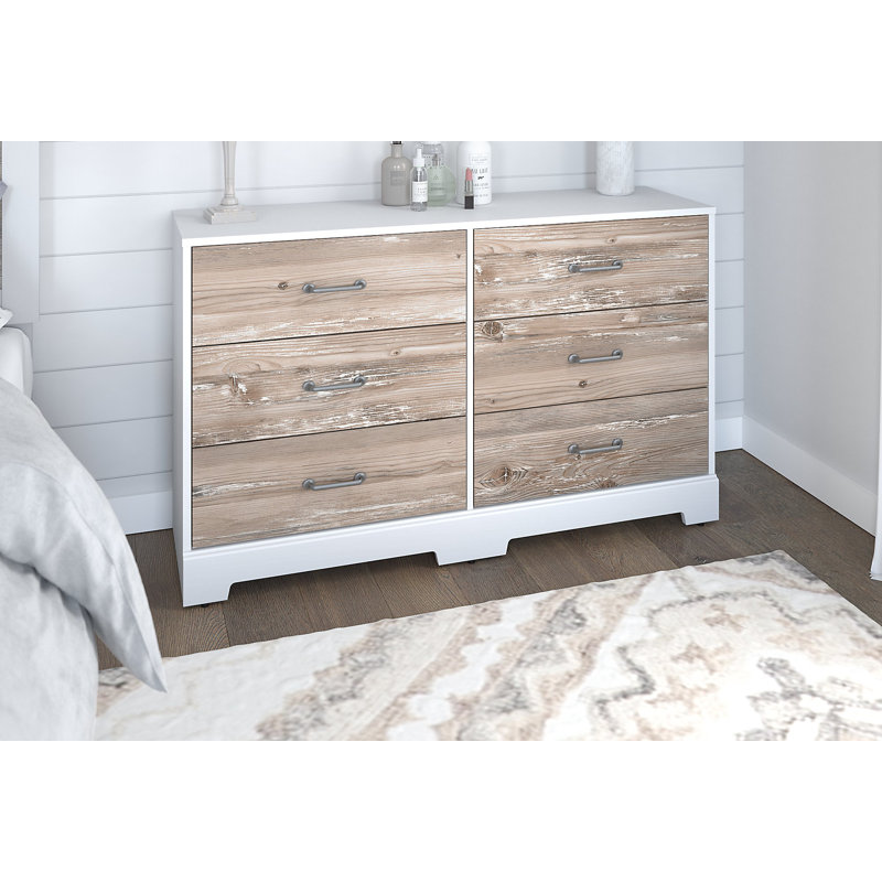 Commode double 6 tiroirs Torkelson River Brook, Suède blanc chêne / bois de grange