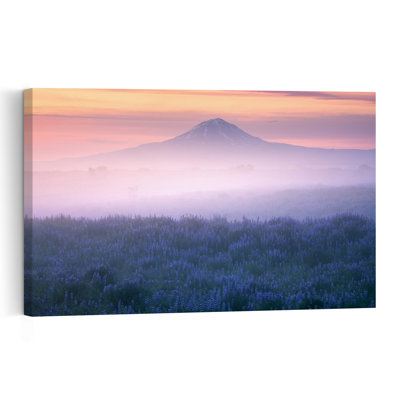 Pink Sky Mountain Mist Colorful Dreamy Ethereal Flower Landscape Wall Art Print 1 Piece Wrapped Canvas Wall Art