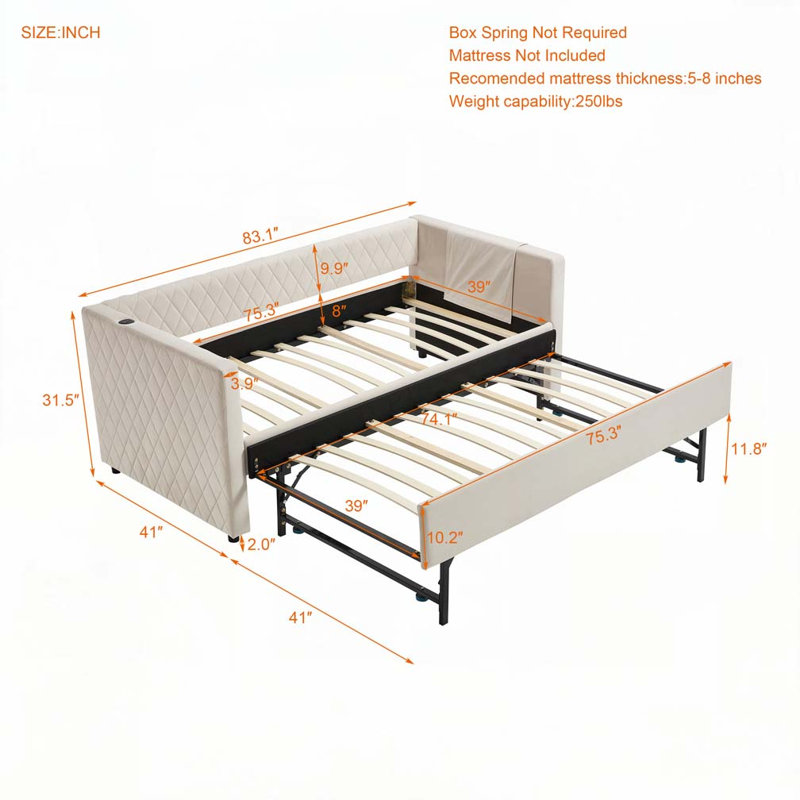 Velvet Upholstered Daybed with Trundle,USB Port ,Side Pockets, Beige