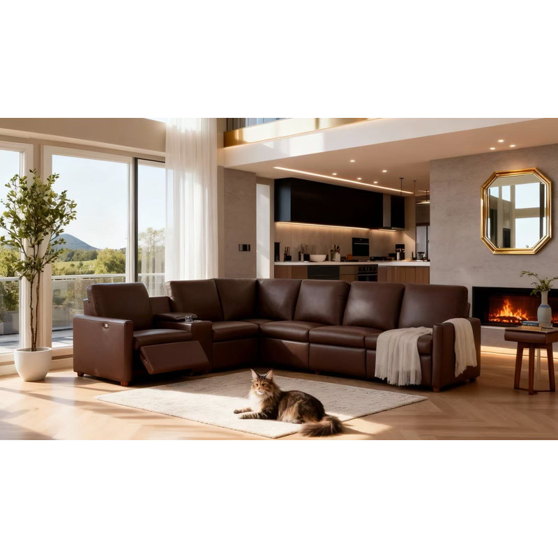 The Seaside Reclining Sectional Sofa, Espresso Genuine Leather