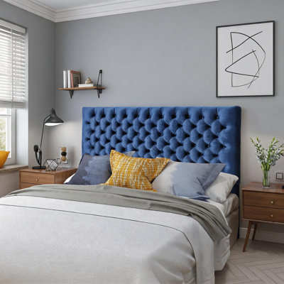 Deep blue luxury tufted adjustable queen size headboard, solid wood frame with soft velvet upholstery