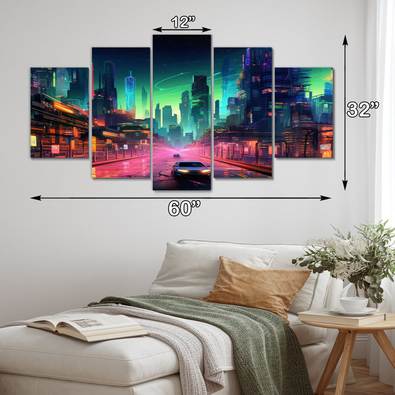 «Berlin Neon Cityscape I» sur toile, reproduction de 5 pièces