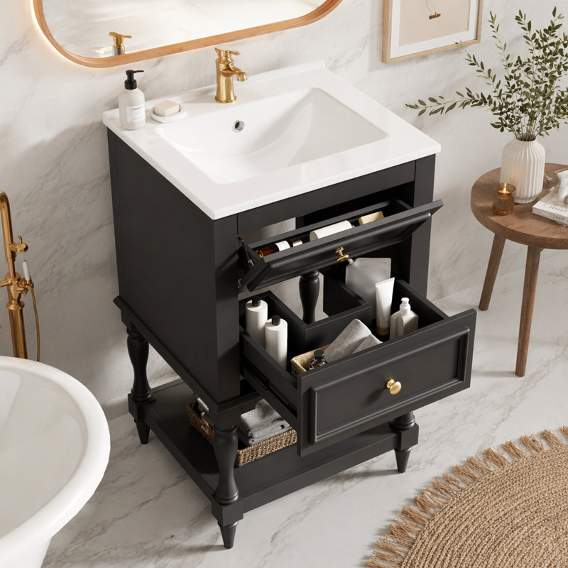 Meuble-lavabo de 20 po avec lavabo en céramique, armoire de rangement avec tablette ouverte, armoire de salle de bain rétro avec 2 tiroirs