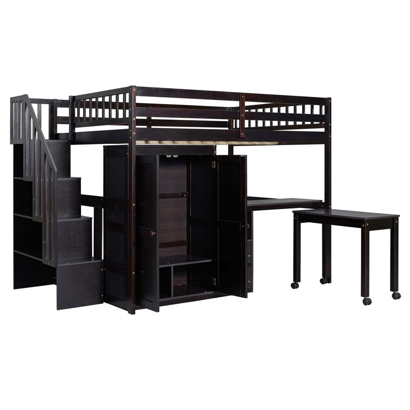 Lit mezzanine avec escalier, bibliothèque, tiroirs, bureau et garde-robe, Double, Espresso