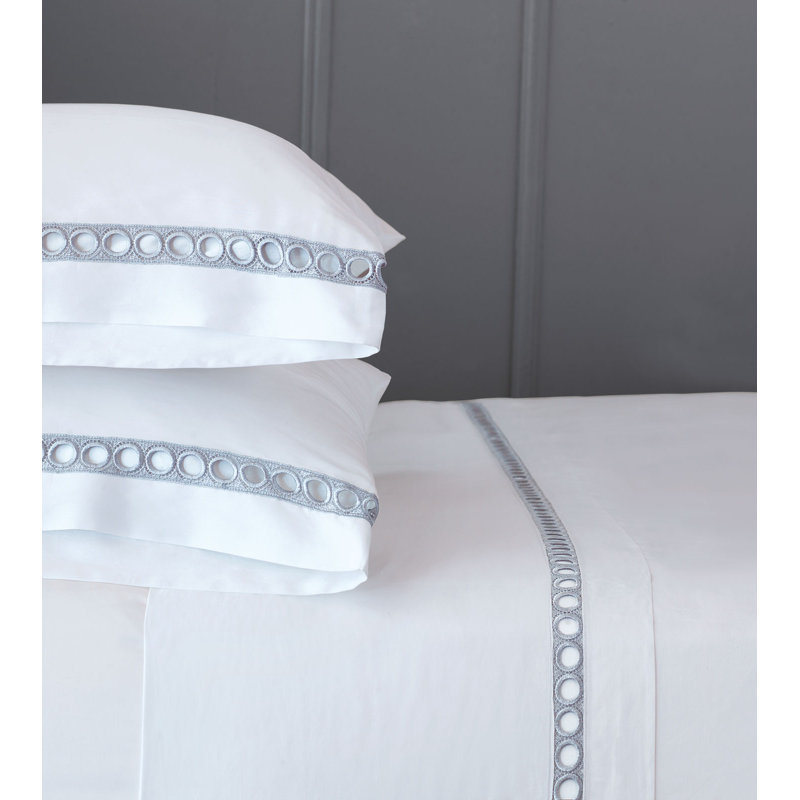 Celine Egyptian Cotton Sateen Sheet Set, King Sheet Set + 2 Pillowcases, White/Silver