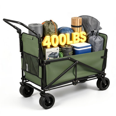 FW01-GN Green 2-in-1 Folding Camping Wagon, 3-Mode Convertible Lounge Cart for Beach Picnic Family Trips
