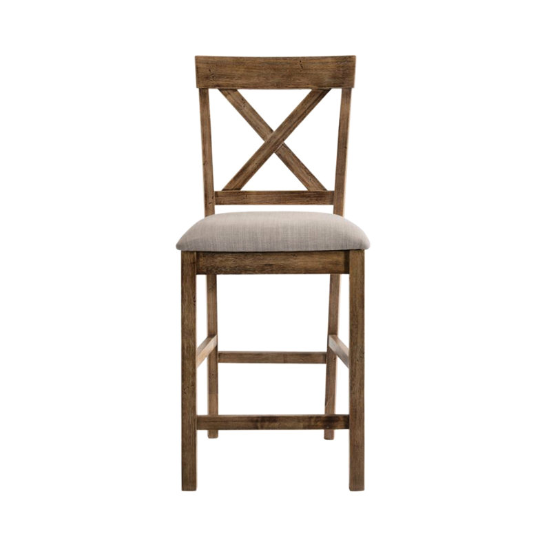 De 2 chaises de salle à manger rembourrées en lin sans accoudoirs avec siège en X, brun clair et chêne antique, siège uni rembourré, siège à hauteur de comptoir en chêne patiné