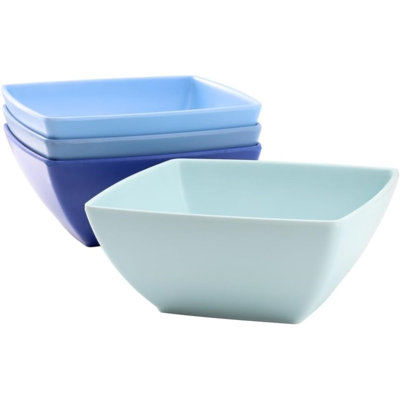 4 Piece 6 Inch Square Melamine Dinner Bowl Set, Assorted Blue, Dishwasher Safe