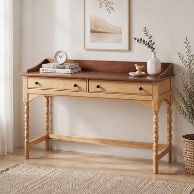 Bureau en bois de 137 cm avec 2 tiroirs de rangement, piètement tourné en forme de bobine, poste de travail/coiffeuse multifonctionnel