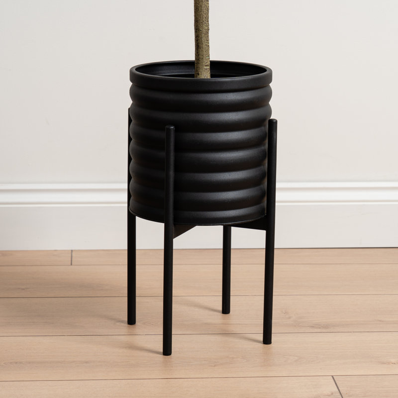 Ribbed Metal Planter on Stand, Black
