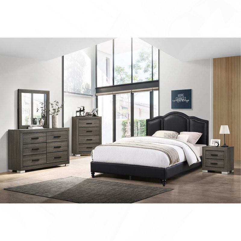 2 Drawers Wood Nightstand With Black Handles In Foil Grey