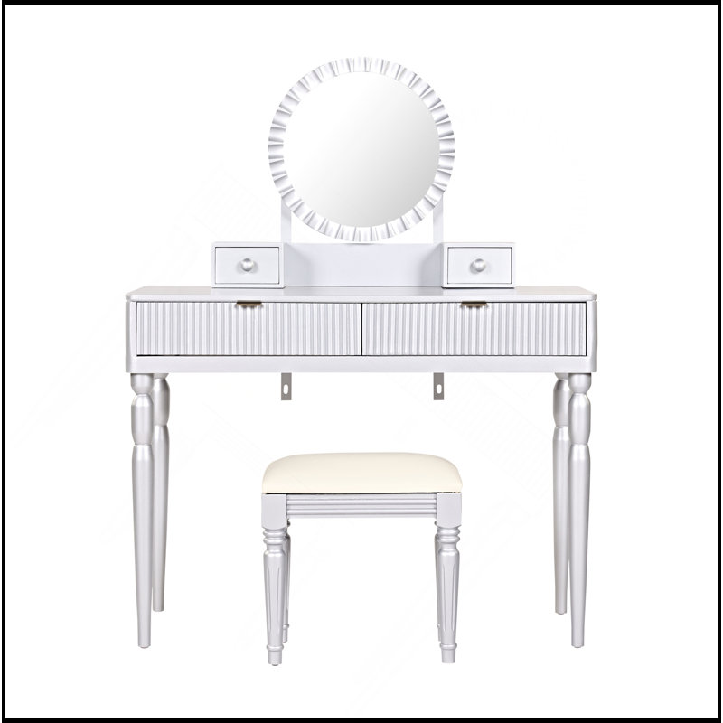 Ensemble de coiffeuse de luxe avec miroir rond, hauteur réglable, coiffeuse, 4 tiroirs et tabouret, Argent argent