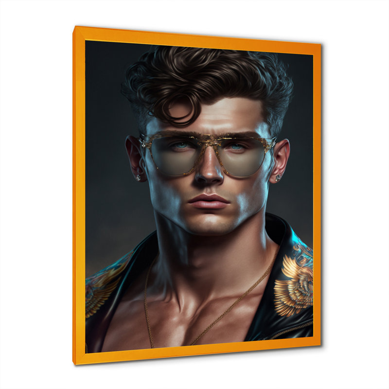«Fashion Muscular Man with Sun Glasses III», impression sur toile, H 40 po x l 30 po x P 1,5 po, Encadrement doré