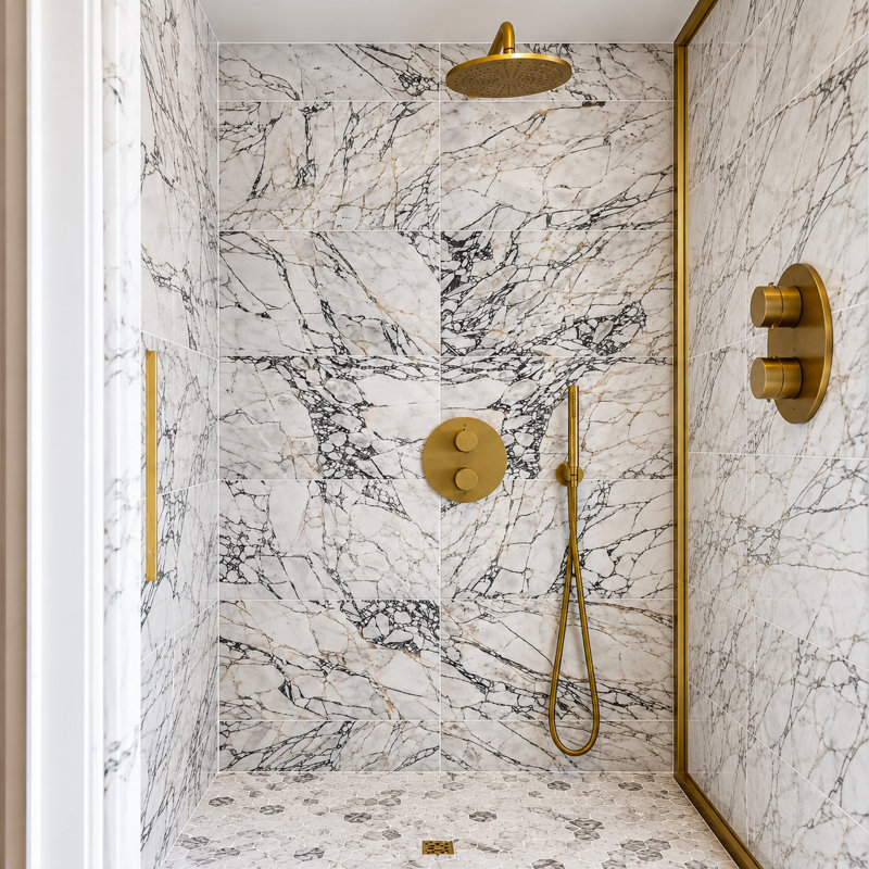 Brushed Gold Round 12" Rain Head 2 Way Function Thermostatic Shower Kit