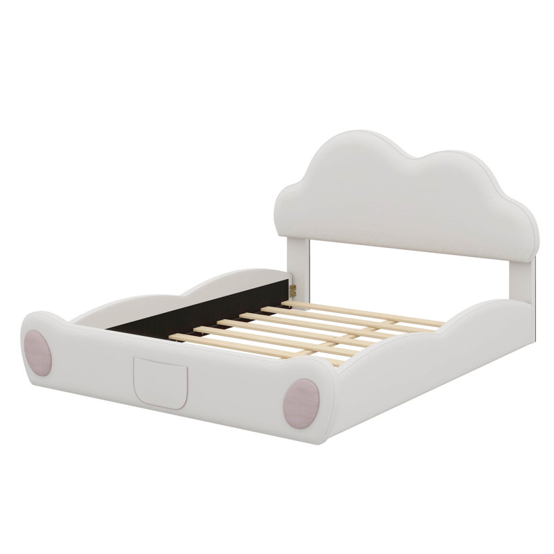 Grand lit plateforme tapissier avec tête de lit et pied de lit arrondi avec rangement intégré, Beige
