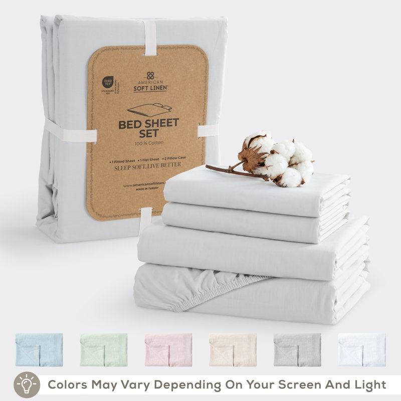 Ensemble de draps en percale 100% coton lavé - comprend 1 drap plat, 1 drap-housse et 2 taies d'oreiller, Light Gray