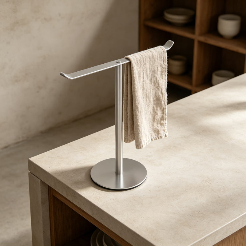 Porte-serviettes en forme de T pour salle de bain et cuisine, avec base anti-rayures, rangement pour bandeaux et bijoux, fini nickel brossé, construction robuste en acier inoxydable.