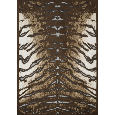 Brown And Rectangle Machine-Made Area Rug, 7 Ft. 10 In. X 3 In., Cowhide Pattern, 3D Effect, Mountain Lodge Wild Style, & Pet Rug With , Rustic 0.44 Pile Height