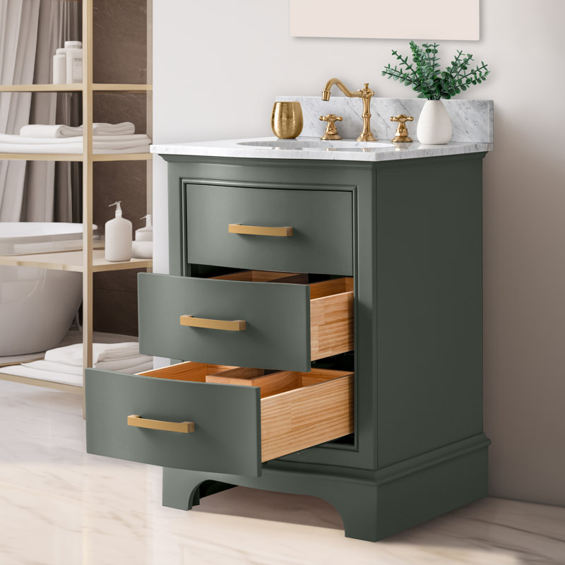 Goleta 24'' Single Bathroom Vanity with Marble Top, Vintage Green/Brushed Gold