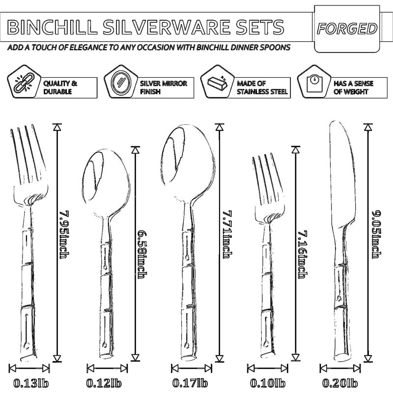 Ensemble de couverts 20 pièces, poignées en bambou, couverts en acier inoxydable avec finition polie miroir, va au lave-vaisselle, service pour 4