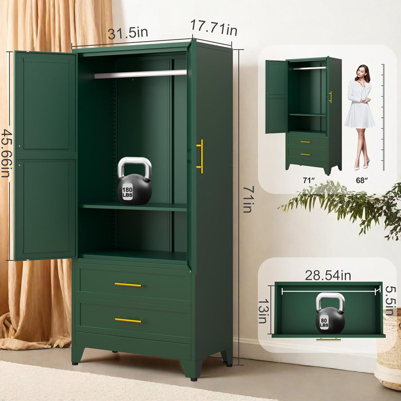 Green Metal Freestanding Wardrobe Armoire with Drawers and Hanging Rod