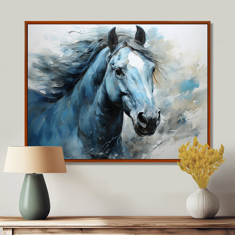 «Blue Horse Vibrant Blue Equine I», art mural grand cheval, H 24 po x l 32 po x P 1 po, Cadre flottant brun
