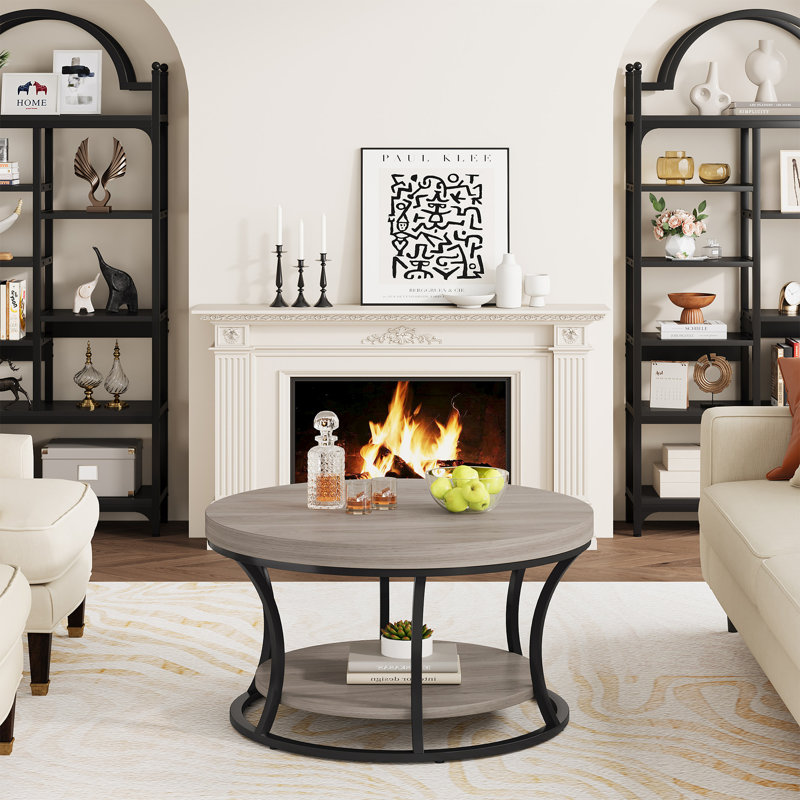 Round Coffee Table With Storage, 2-Tier Cocktail Table, Grey