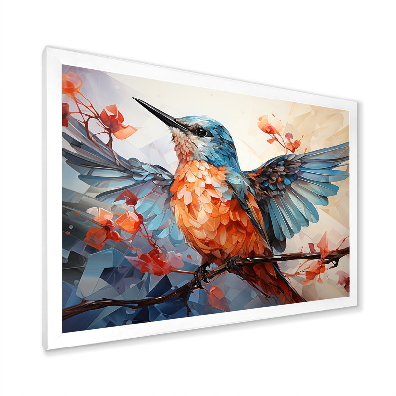 Oiseaux géométriques dans un ciel cubiste - Reproduction d'art mural oiseau, Cadre simple blanc, H 34 po x l 44 po x P 1,5 po