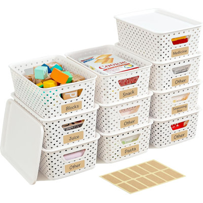 10 Pack Small Plastic Storage Bins with Lids & Handles, Stackable Organizer Baskets with Label Slots for Craft Pantry Room Home Storage