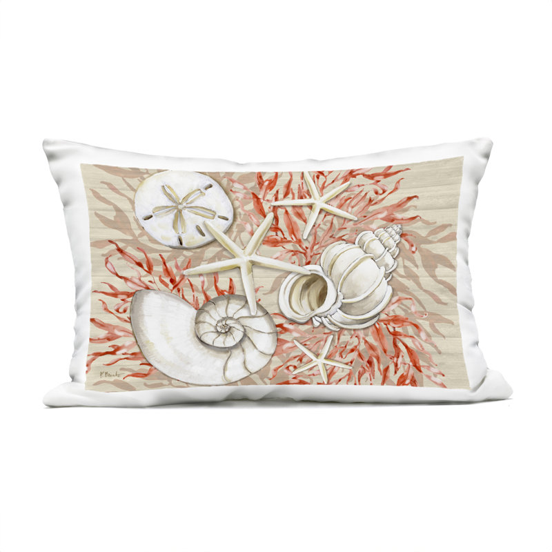 Coral White Shells Outdoor Printed Pillow design by Paul Brent, Rectangle 14"H x 20"W, Red Shells