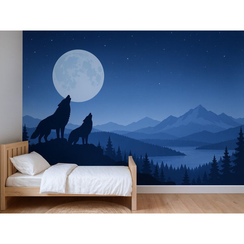 Wolves and Moon Wallpaper Mural, Peel and Stick Kids Room Wall Mural, Layered Silhouette Landscape Nursery Wallpaper
