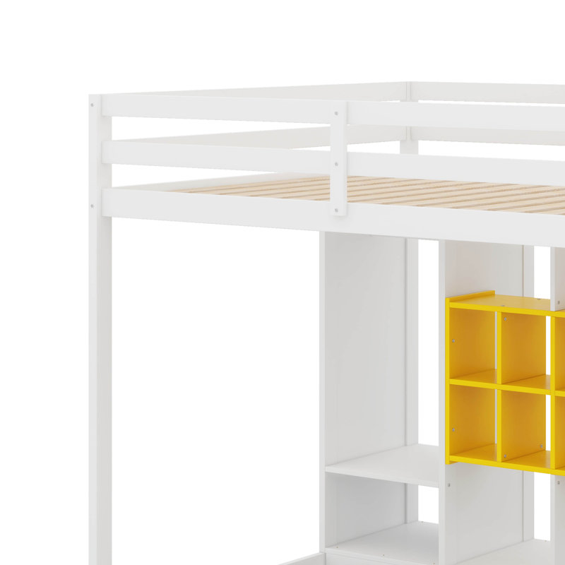 Lit mezzanine en bois pleine grandeur avec garde-robe, tablettes et armoire, Blanc / jaune