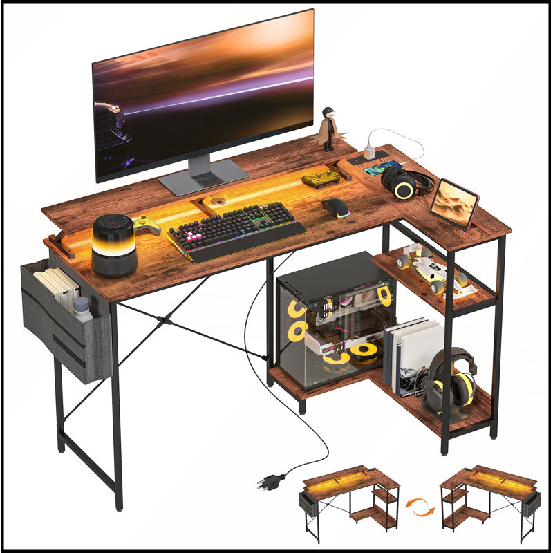 Reversible L Shaped Desk with Storage, Power Outlets, and LED Light for Modern Workspaces, Rustic Brown