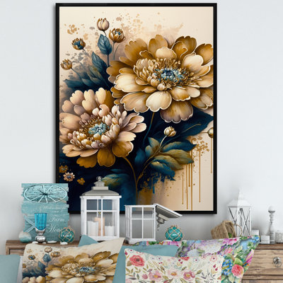 «Darcella Deep Yellow and Blue Zinnia Flowers I», reproduction sur toile