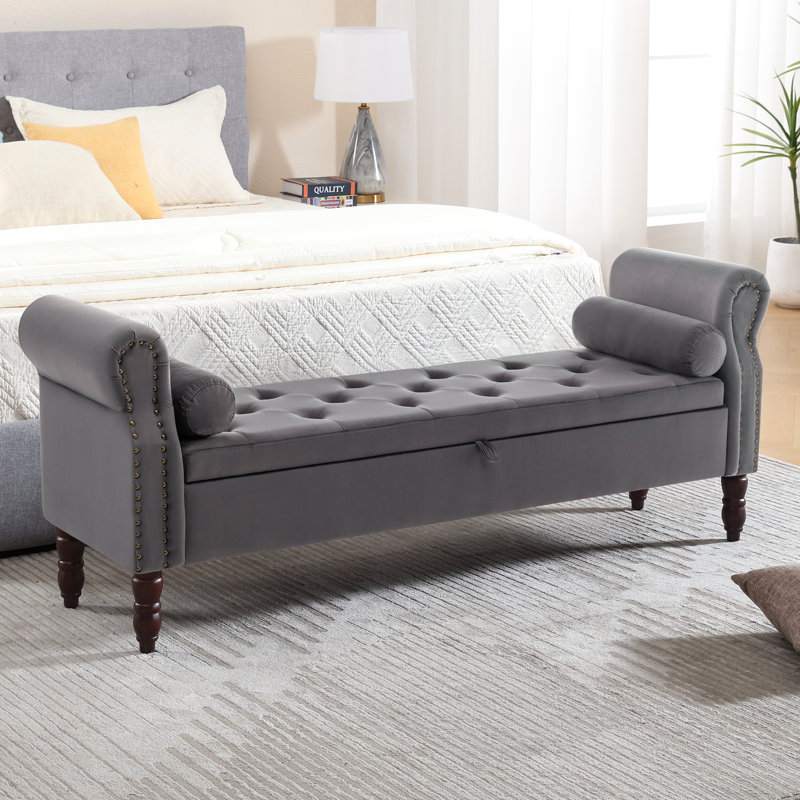 Banc de rangement en velours avec accoudoirs Minaal, H 26,4 po x l 66,9 po x P 16,9 po, Gris foncé