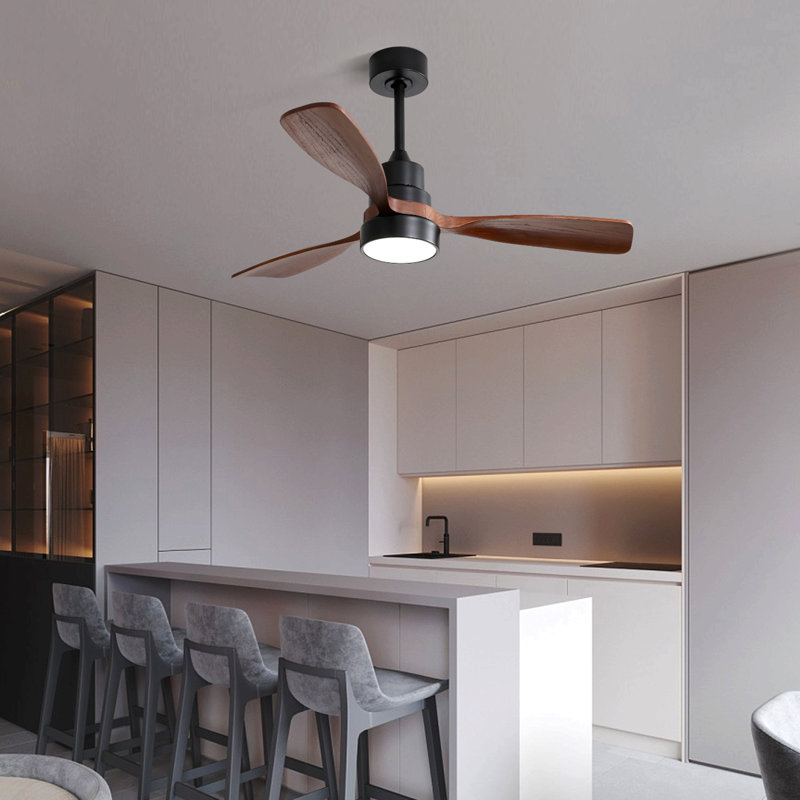 48 Inch Wood Ceiling Fan With 3 Solid Wood Blades Remote Control Reversible DC Motor For Living Room, Black, Brown