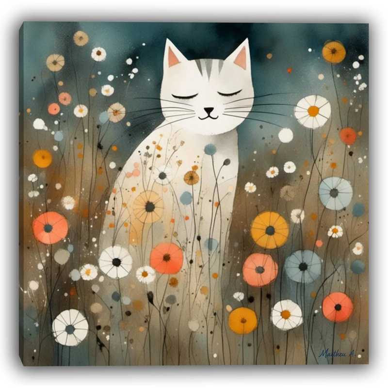 Des moustaches dans la prairie - un chat parmi les fleurs sauvages, 40" H x 40" W