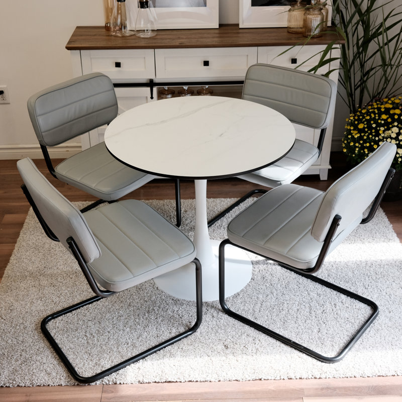 Dining Table Set For 4 - Tuilp Table With 4 Upholstered Dining Chairs (tubular Frame Grey)