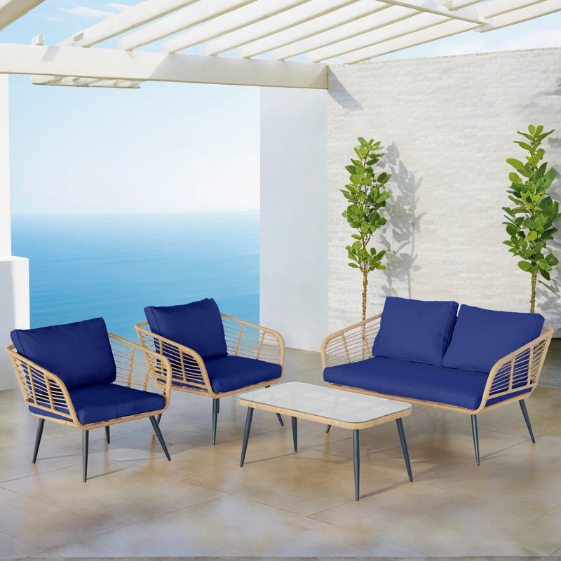 Gonneke 4-Person Patio Conversation Sets with Cushions, Blue