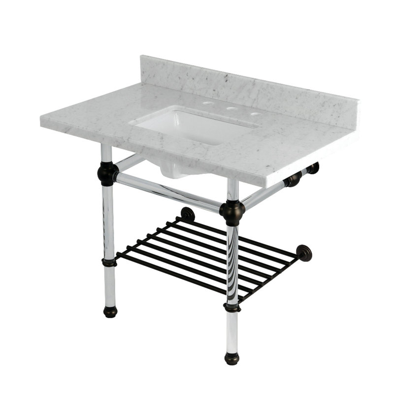 Kingston Brass Templeton 36-Inch Carrara Marble Console Sink with Acrylic Legs and Shelf (8-Inch, 3-Hole), Oil Rubbed Bronze