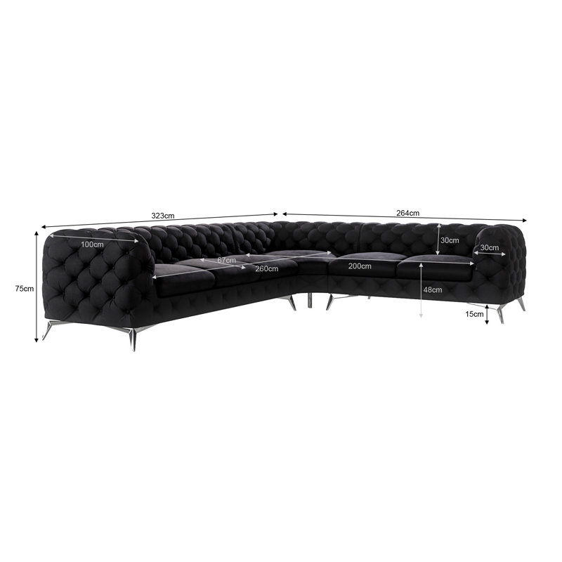 Chesterfield Corner Sofa L-Shape Bixby with Silver Metal Legs, Left Hand Facing, Black