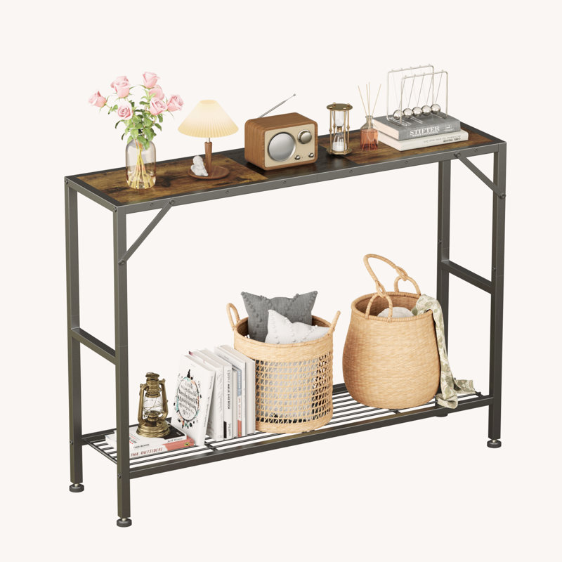 Rustic Brown Slim Wood and Metal Console Table with Storage