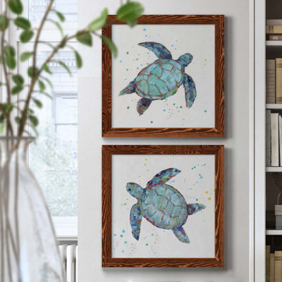 Bubble Blue Turtle I - ensemble de 2 peintures sur toile encadrées