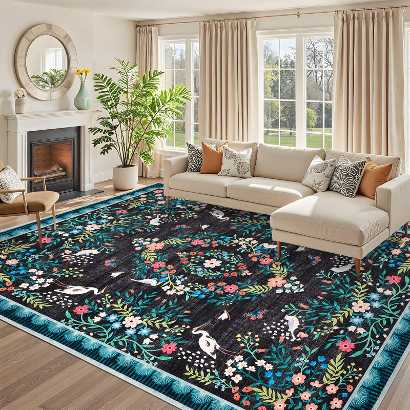Floral Area Rugs for Living Room Bedroom, Washable Non Slip Vintage Floor Rugs Large Low Pile Oriental Distressed Carpet