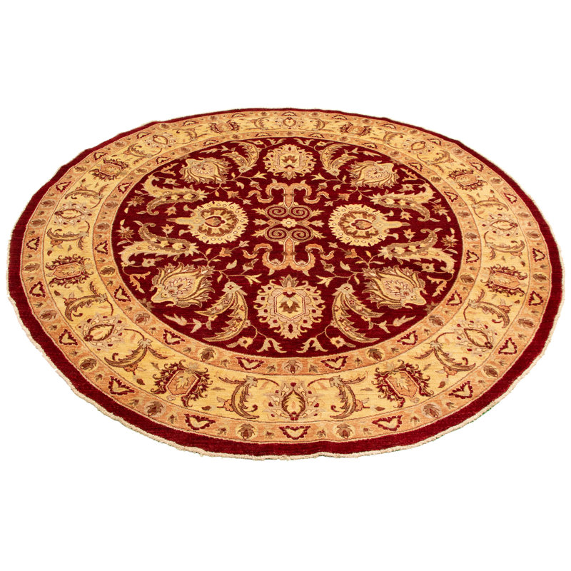 Tapis décoratif de laine ronde rouge foncé/beige à motif de laine ronde de conception unique noué à la main new age chobi