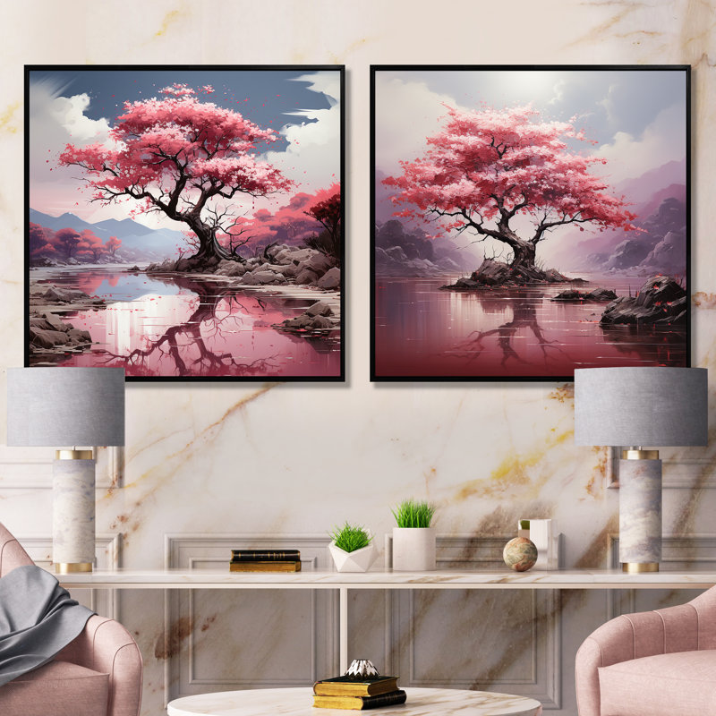 «Pink Cherry Tree Blossoms In River I», ensemble de 2 reproductions d'art sur toile, Cadre noir, H 30 po x l 61 po x P 1 po